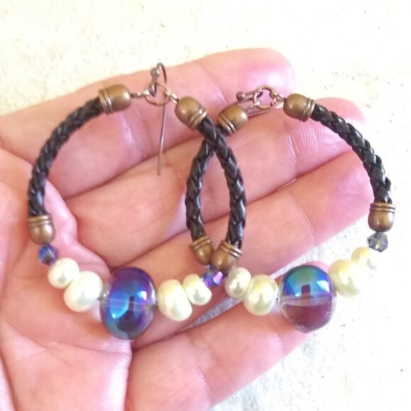 Boho Leather Hoop Earrings with Crystals & Pearls | Handmade Rustic Chic Jewelry - Picture 1 of 12